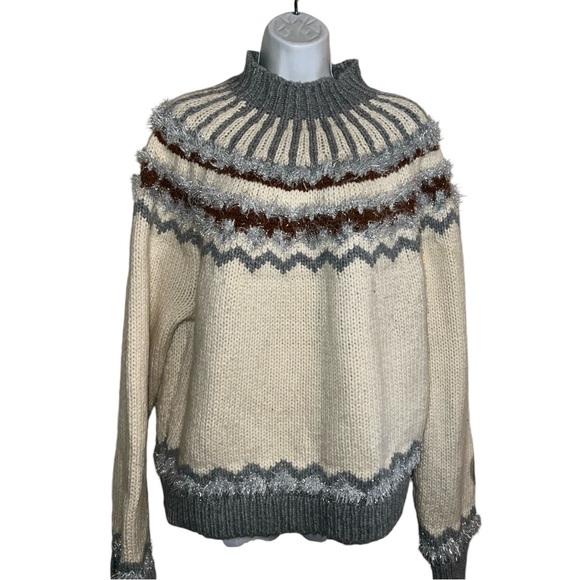 LOU & GREY • Irish Cream Festive Metallic Accent Fair Isle Mockneck Sweater XL - Picture 3 of 5